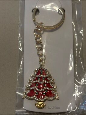 Festive Red and Gold Christmas Tree Keychain-missing clip NWT